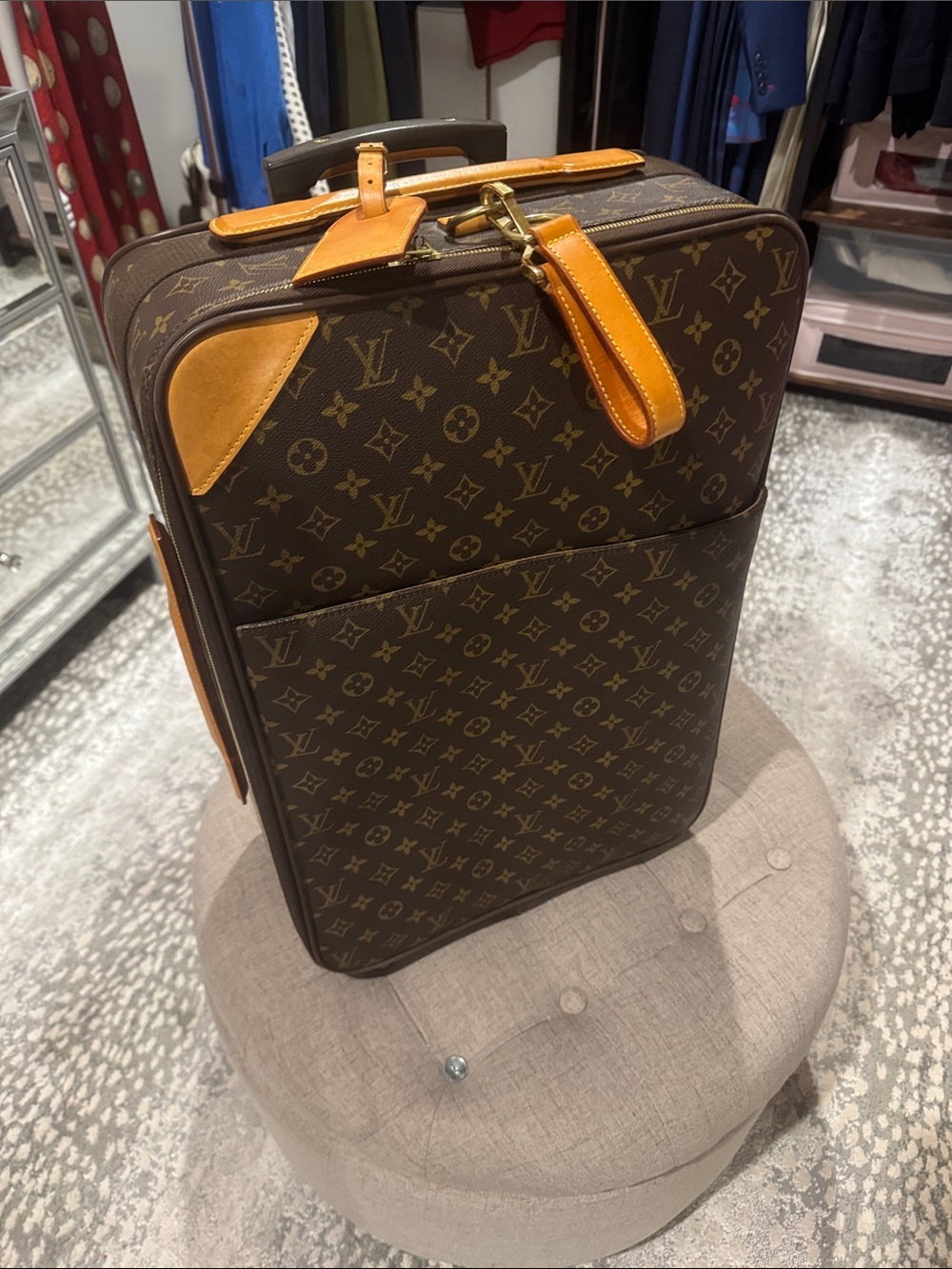 Louis Vuitton Brown Monogram Rolling Suitcase with Tan Leather Trim Vintage